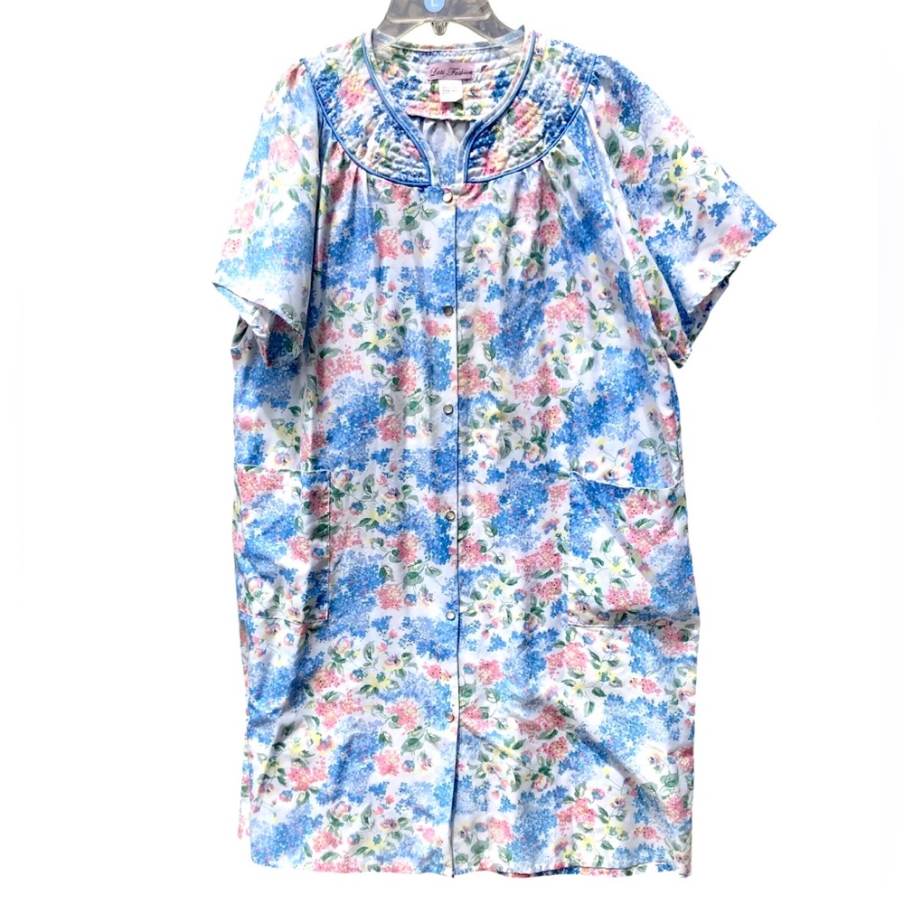 Lati Fashion Floral Snap Closure Blue Nightgown House Robe (L)